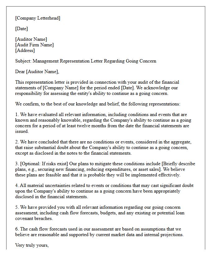 Management Going Concern Representation Letter
