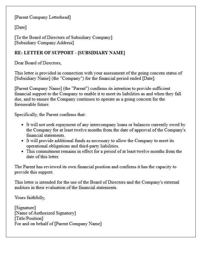 Parent Company Going Concern Support Representation Letter