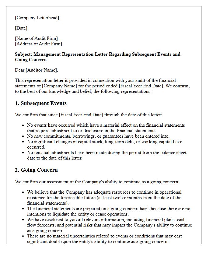 Subsequent Events and Going Concern Representation Letter