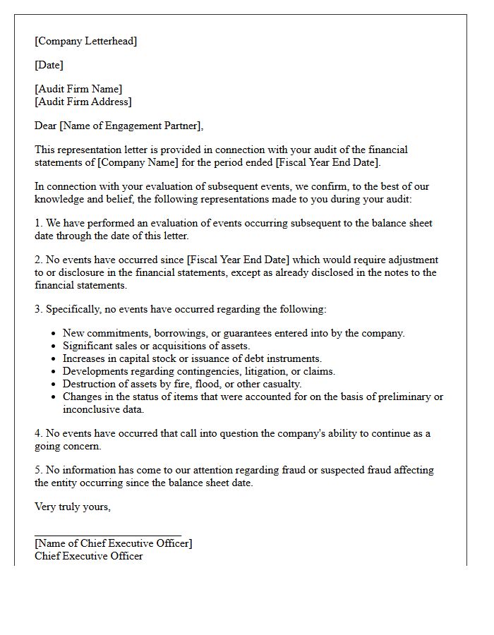 Audit Engagement Subsequent Events Representation Letter