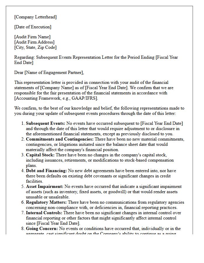 Comprehensive Subsequent Events Representation Letter