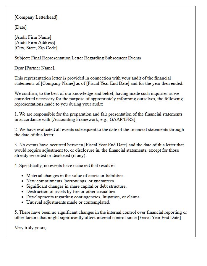 Final Audit Subsequent Events Representation Letter