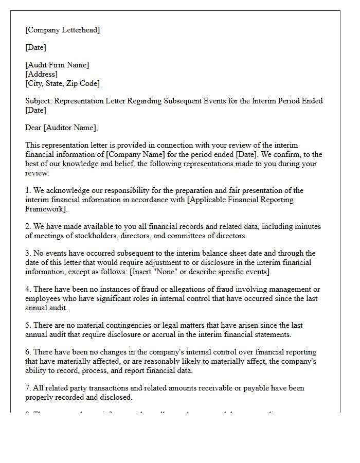Interim Financial Subsequent Events Representation Letter