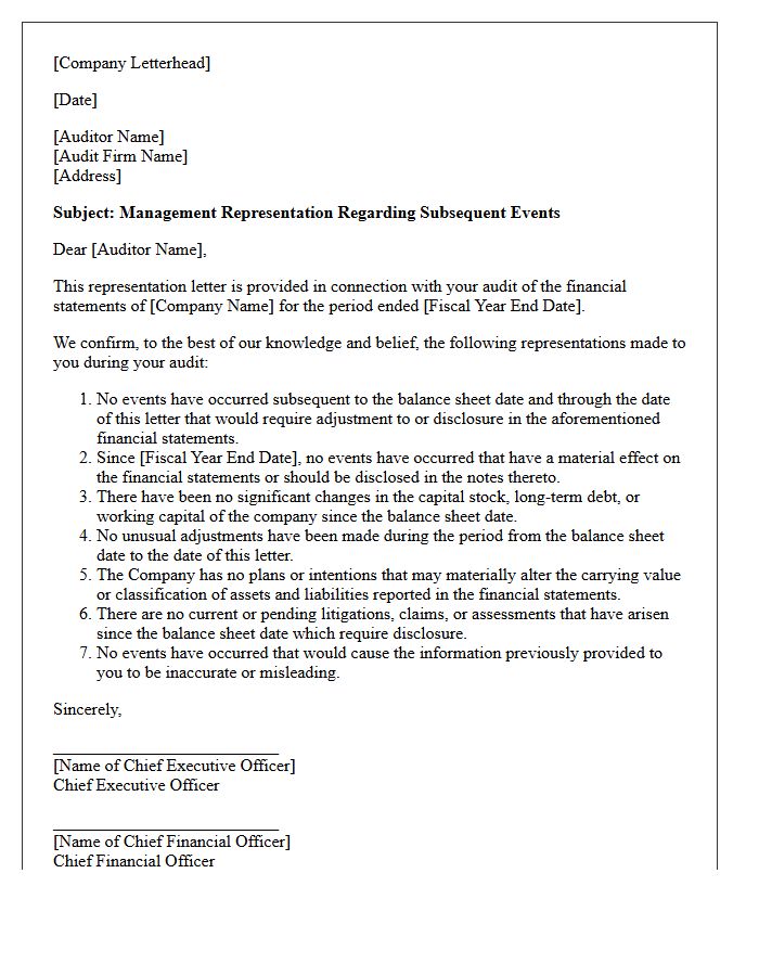 Management Subsequent Events Representation Letter