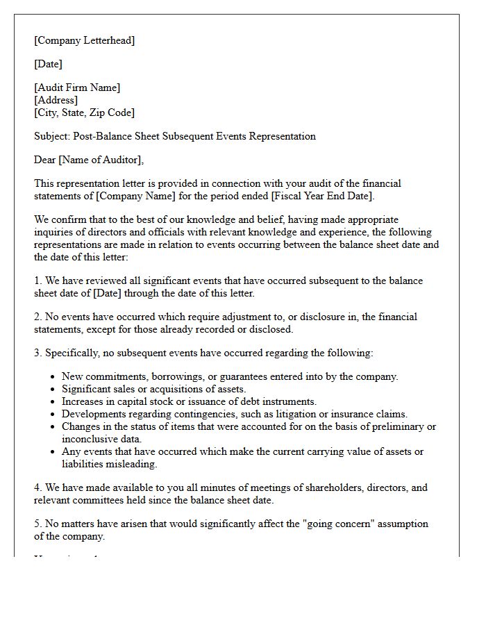 Post-Balance Sheet Subsequent Events Representation Letter