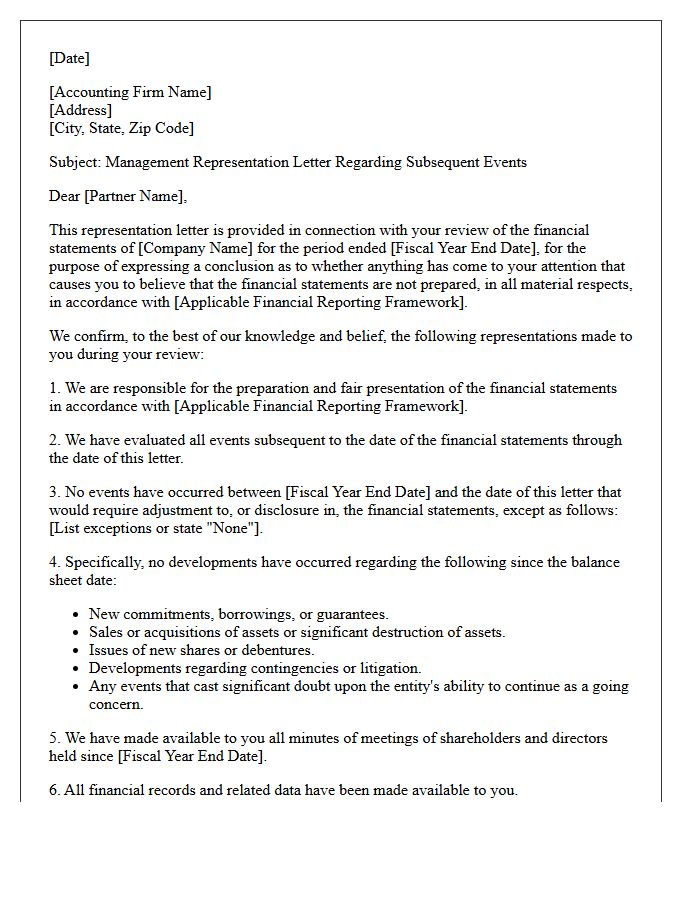 Review Engagement Subsequent Events Representation Letter
