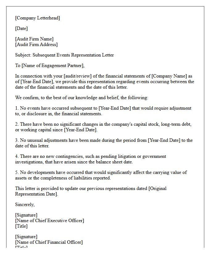 Short-Form Subsequent Events Representation Letter