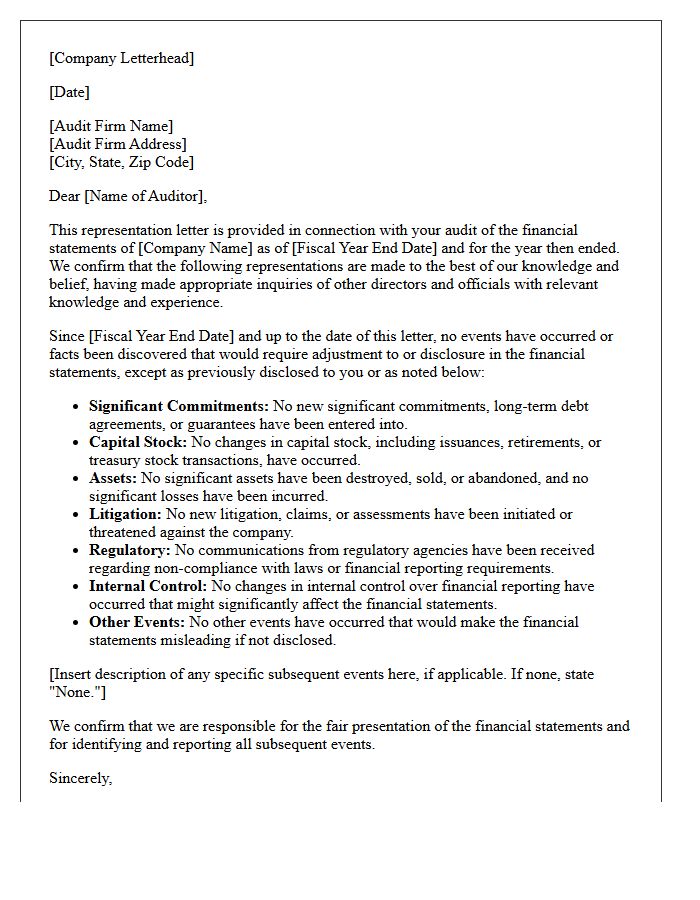Standard Subsequent Events Representation Letter