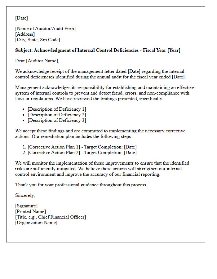 Annual Audit Internal Control Deficiencies Acknowledgment Letter