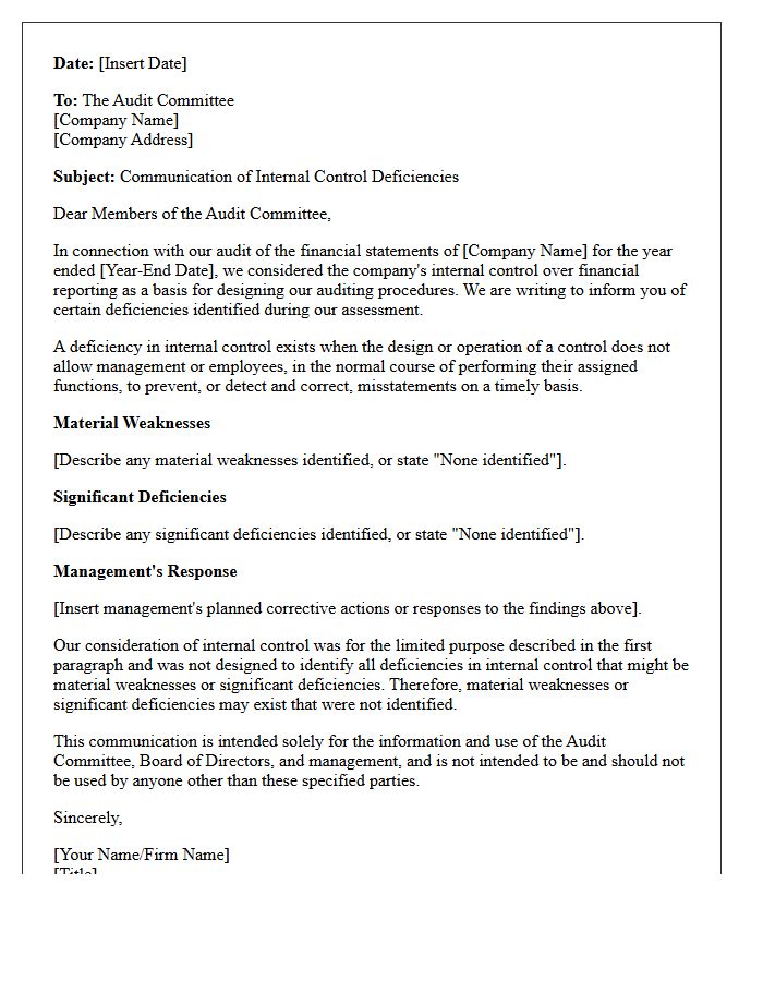 Audit Committee Internal Control Deficiencies Communication Letter