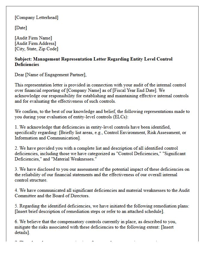 Entity Level Control Deficiencies Representation Letter