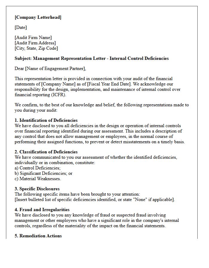 Financial Reporting Internal Control Deficiencies Representation Letter