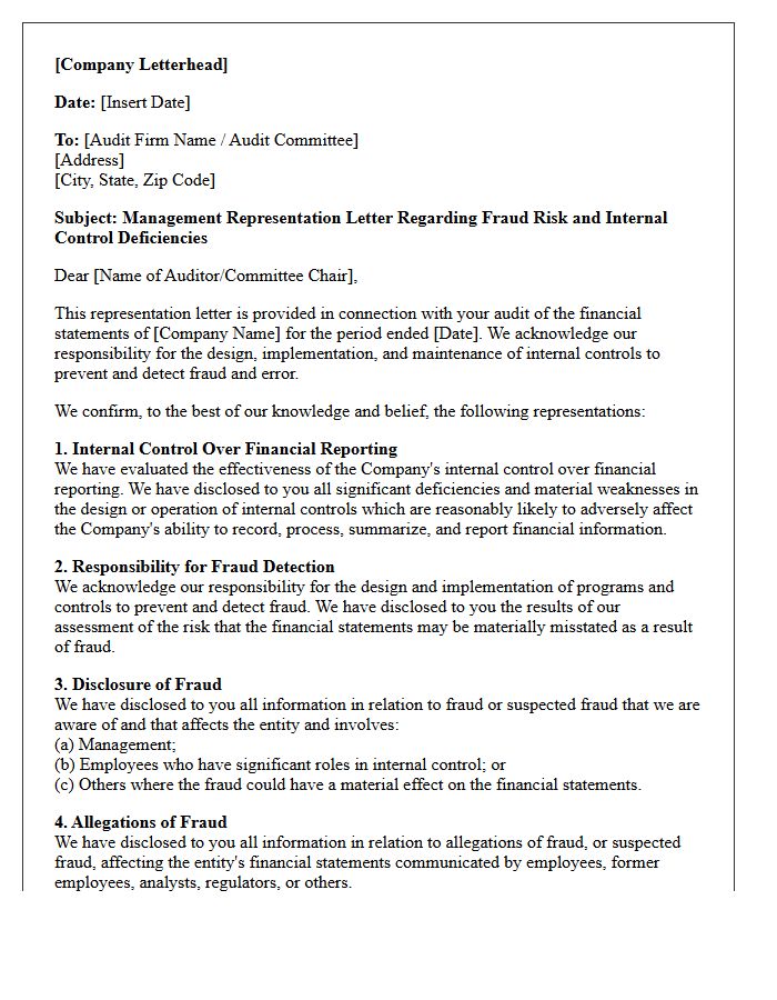 Fraud Risk and Internal Control Deficiencies Representation Letter