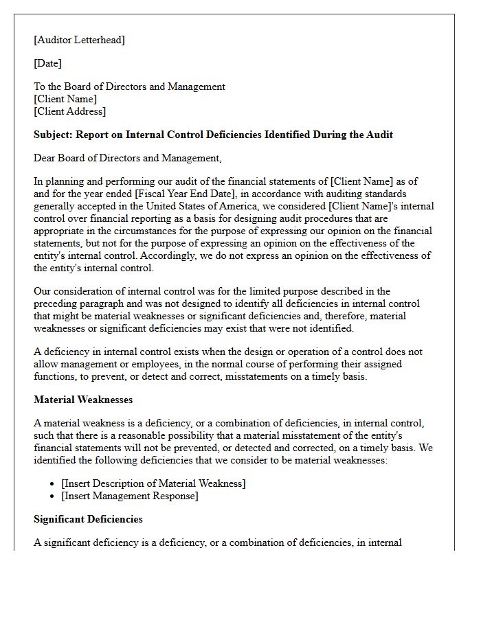 Independent Auditor Internal Control Deficiencies Reporting Letter