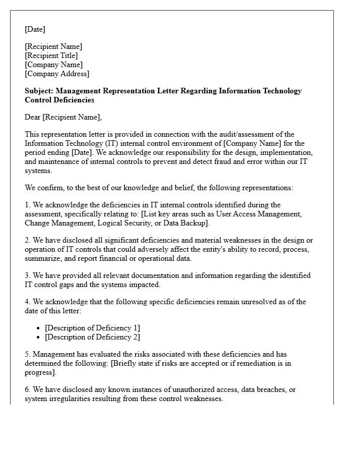 Information Technology Controls Deficiencies Representation Letter