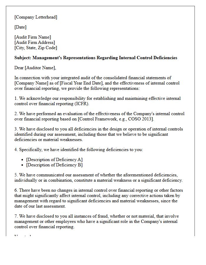 Integrated Audit Internal Control Deficiencies Representation Letter