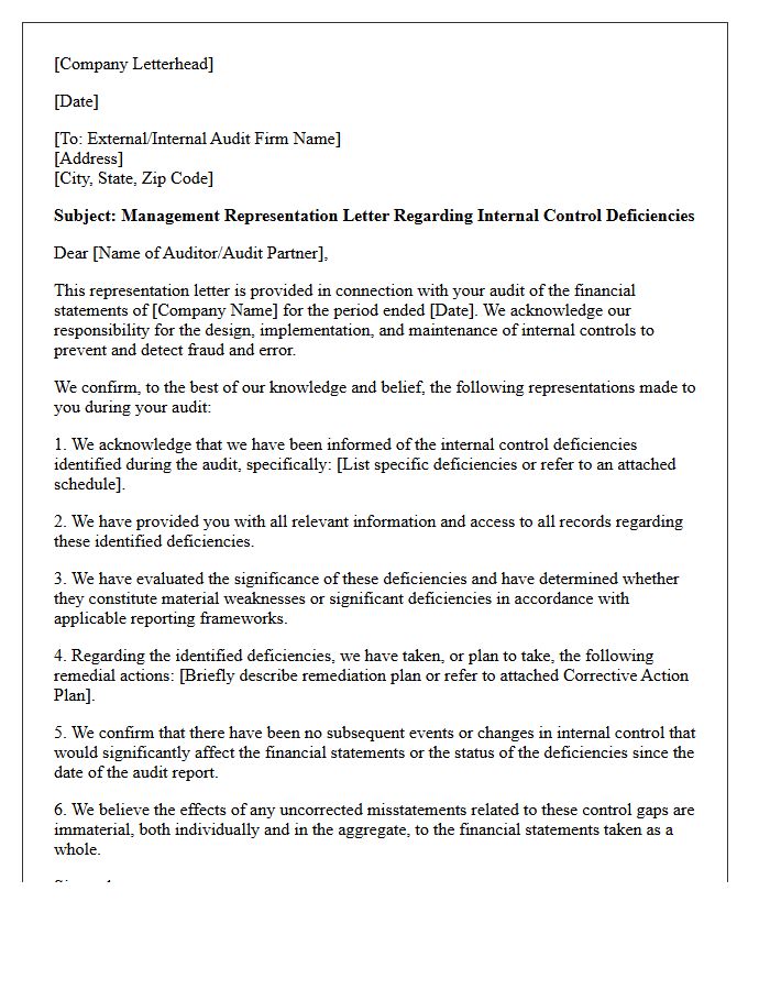 Management Representation Letter for Internal Control Deficiencies