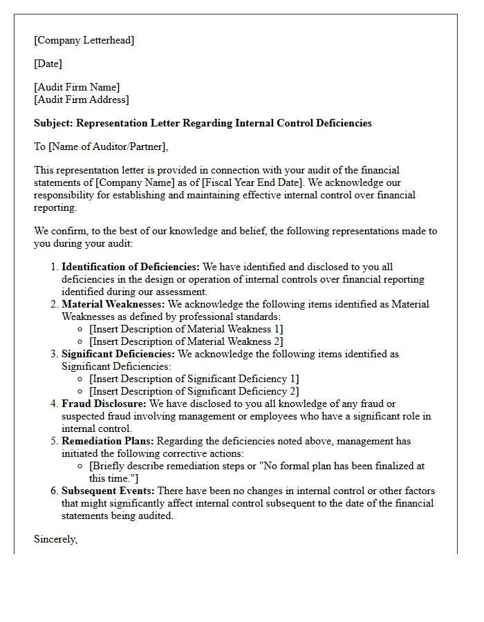 Material Weakness and Significant Deficiency Representation Letter