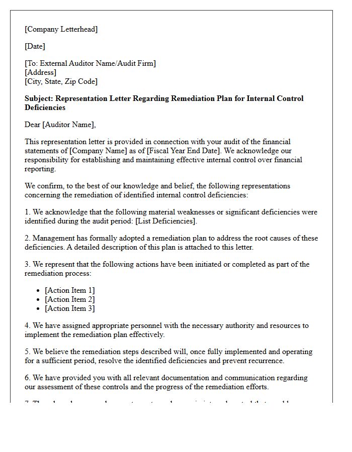 Remediation Plan for Internal Control Deficiencies Representation Letter