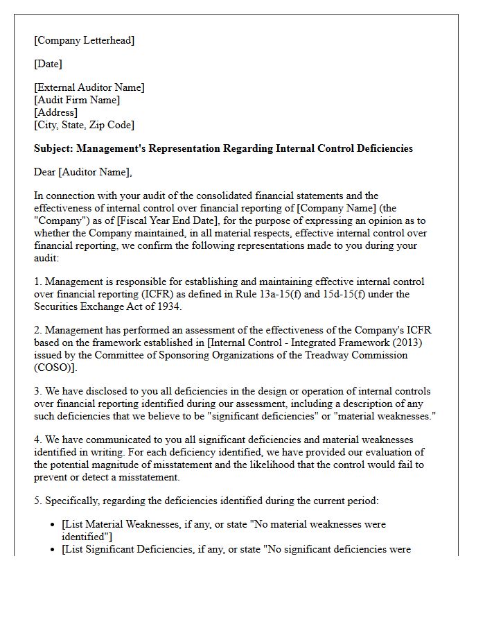 Sarbanes-Oxley Internal Control Deficiencies Representation Letter