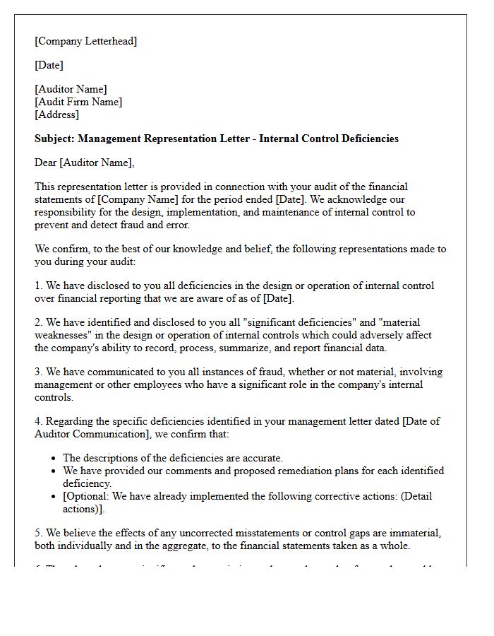 Statutory Audit Internal Control Deficiencies Representation Letter