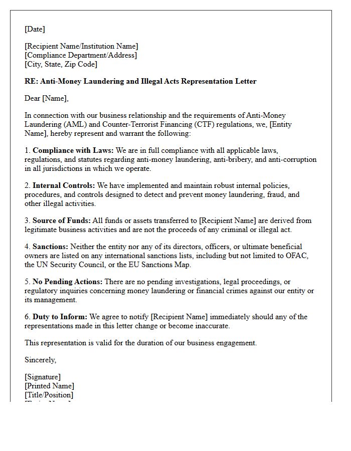 Anti-Money Laundering And Illegal Acts Representation Letter