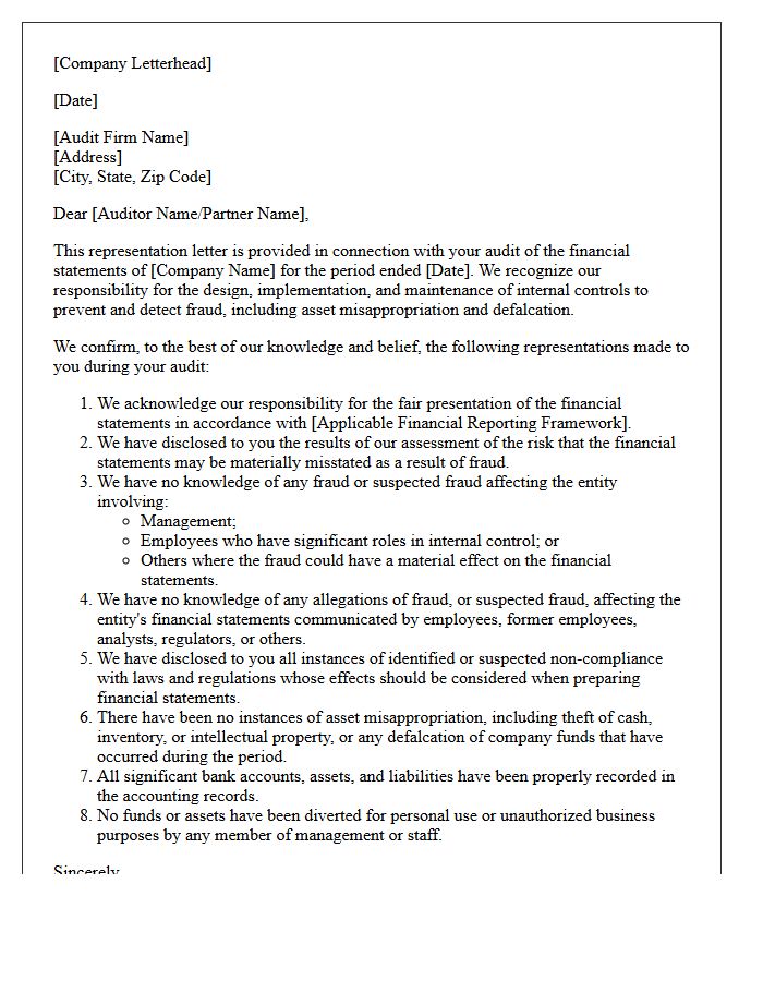 Asset Misappropriation And Defalcation Representation Letter