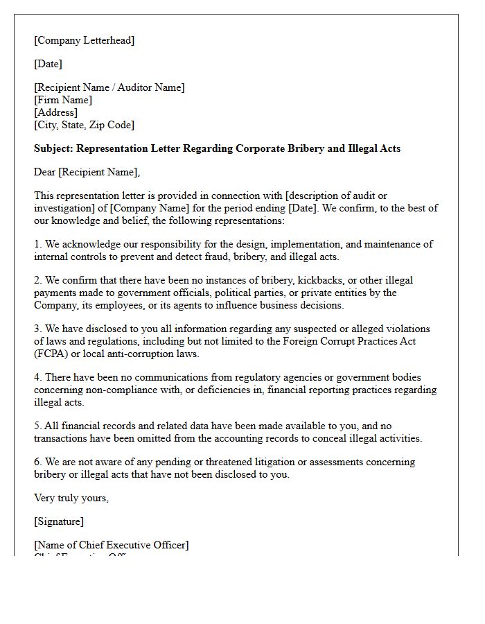 Corporate Bribery And Illegal Acts Representation Letter