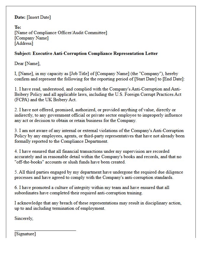 Executive Anti-Corruption Compliance Representation Letter