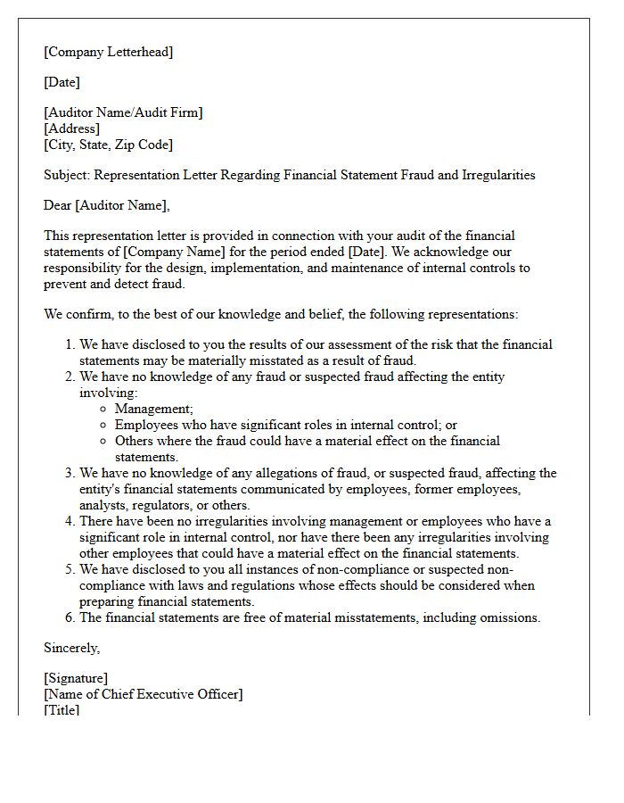 Financial Statement Fraud And Irregularities Representation Letter