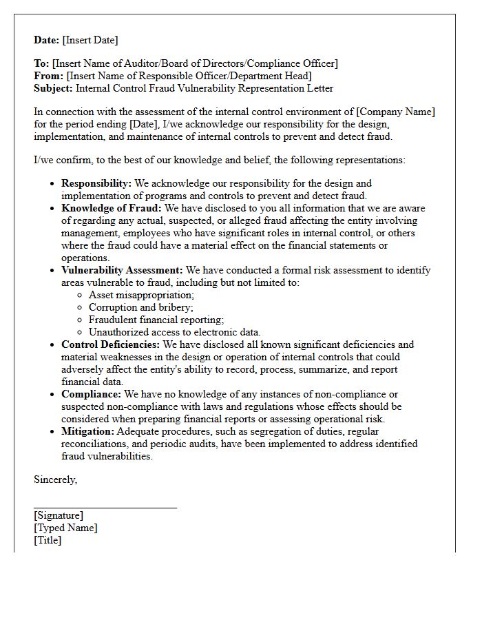 Internal Control Fraud Vulnerability Representation Letter
