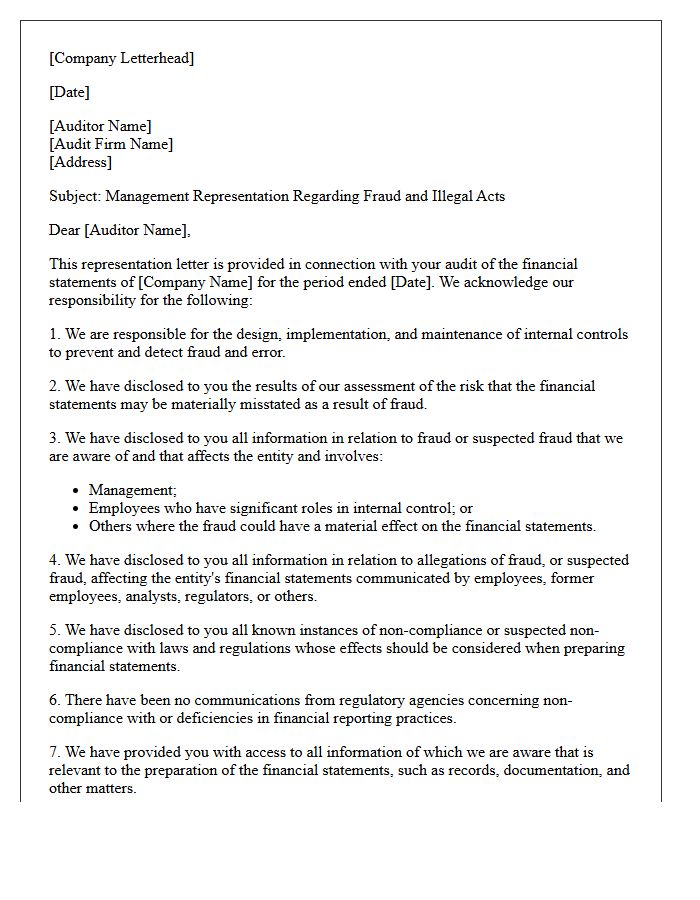 Management Fraud And Illegal Acts Representation Letter
