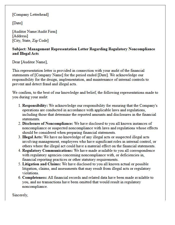 Regulatory Noncompliance And Illegal Acts Representation Letter
