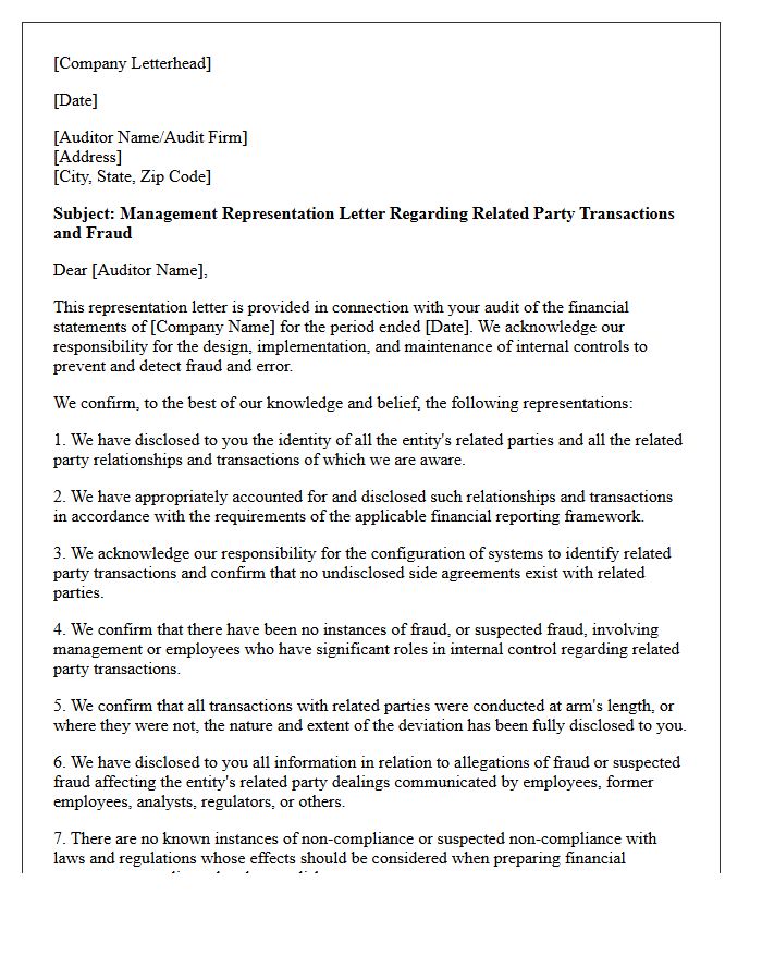 Related Party Fraudulent Transactions Representation Letter