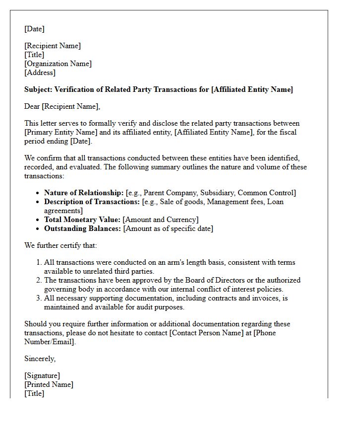 Affiliated Entity Related Party Transactions Verification Letter