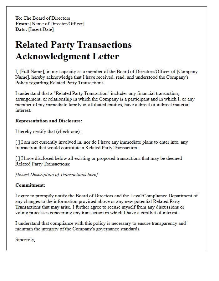 Board of Directors Related Party Transactions Acknowledgment Letter