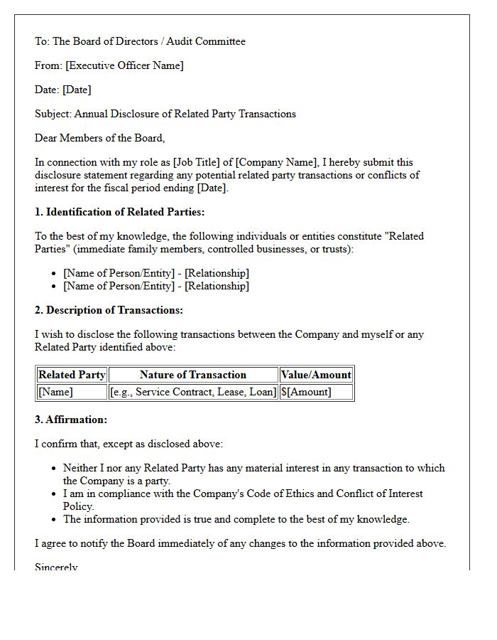 Executive Officer Related Party Transactions Disclosure Letter