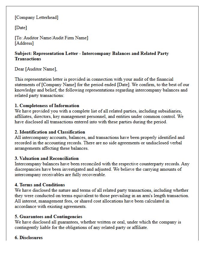 Intercompany Balances and Related Party Transactions Representation Letter