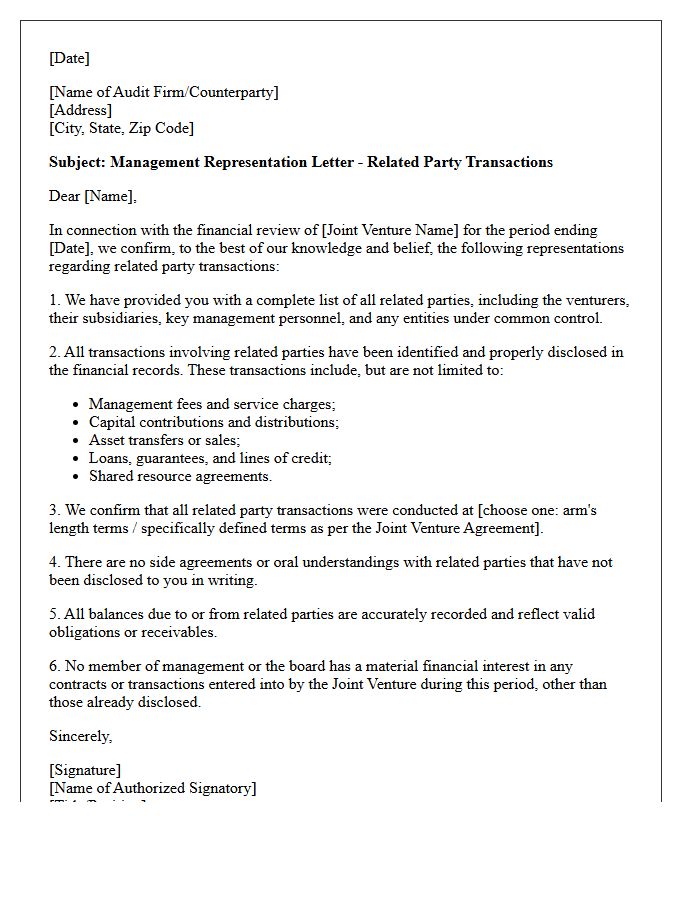 Joint Venture Related Party Transactions Representation Letter