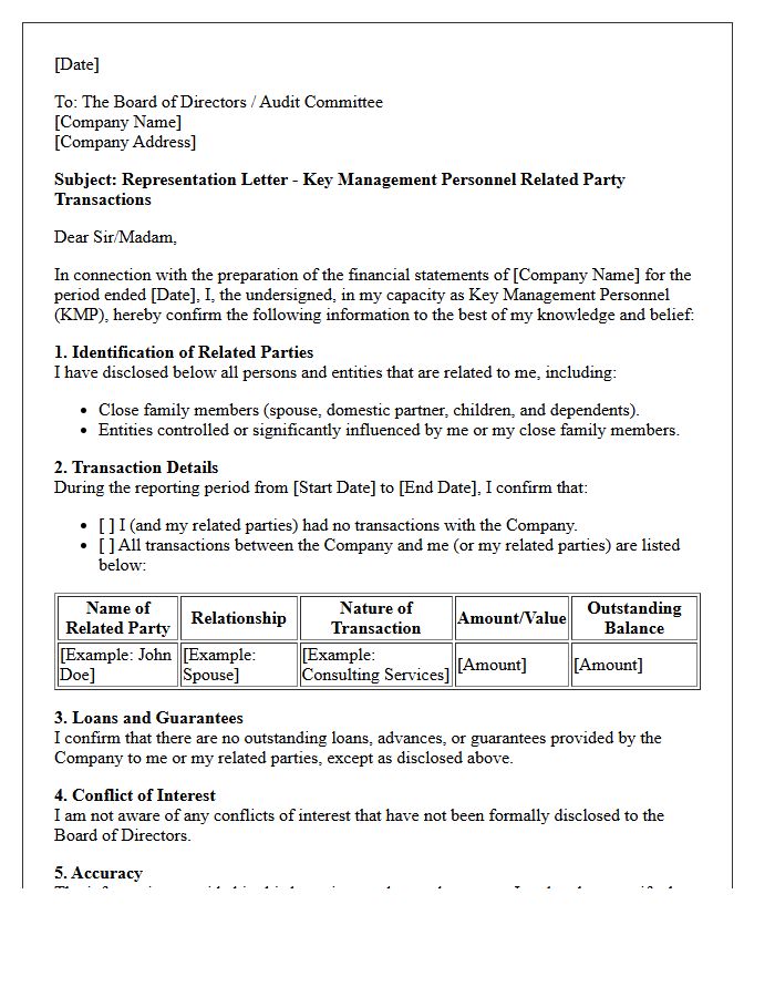 Key Management Personnel Related Party Transactions Representation Letter