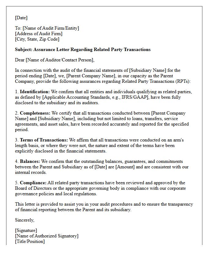 Parent Company Related Party Transactions Assurance Letter