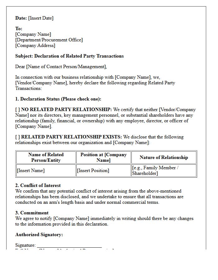 Vendor Related Party Transactions Declaration Letter