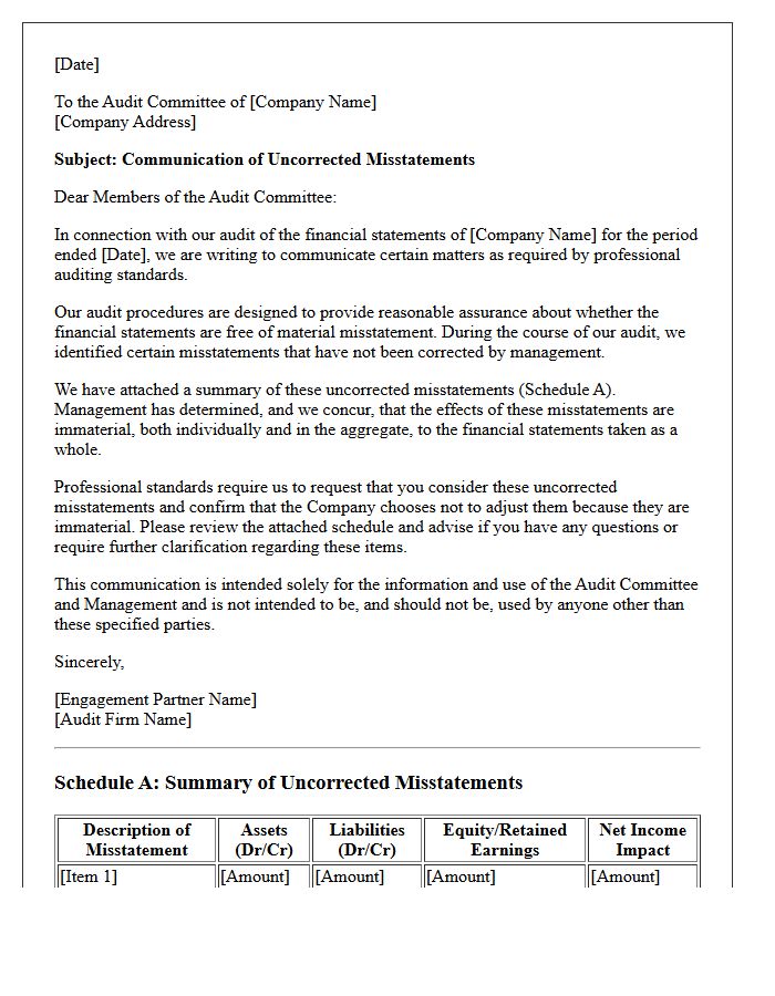 Audit Committee Uncorrected Misstatements Communication Letter