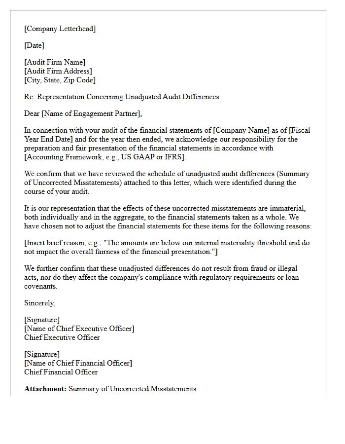 Immaterial Unadjusted Differences Representation Letter