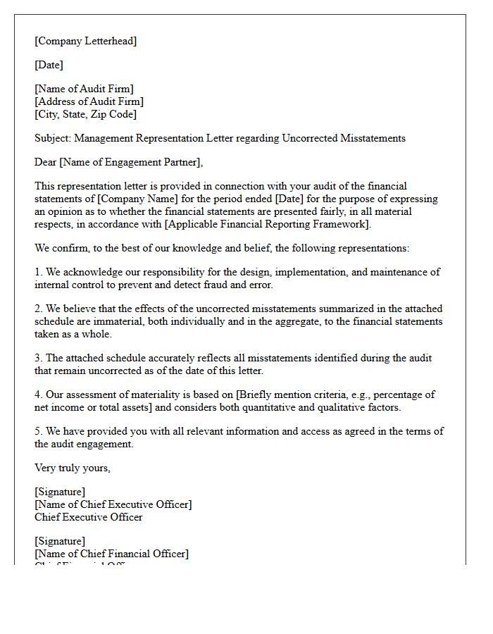 Management Representation Letter For Uncorrected Misstatements