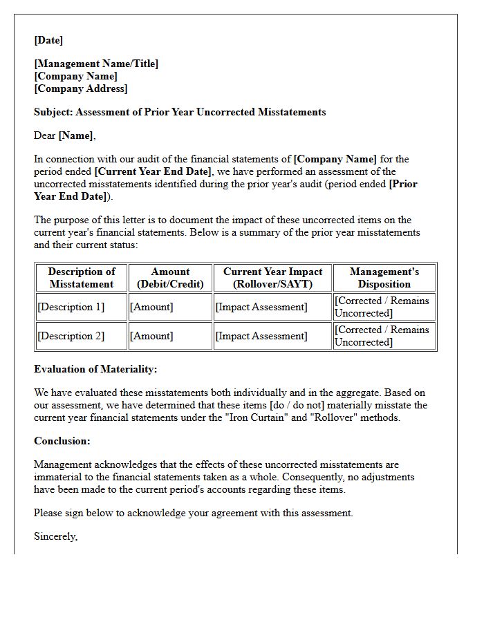 Prior Year Uncorrected Misstatements Assessment Letter
