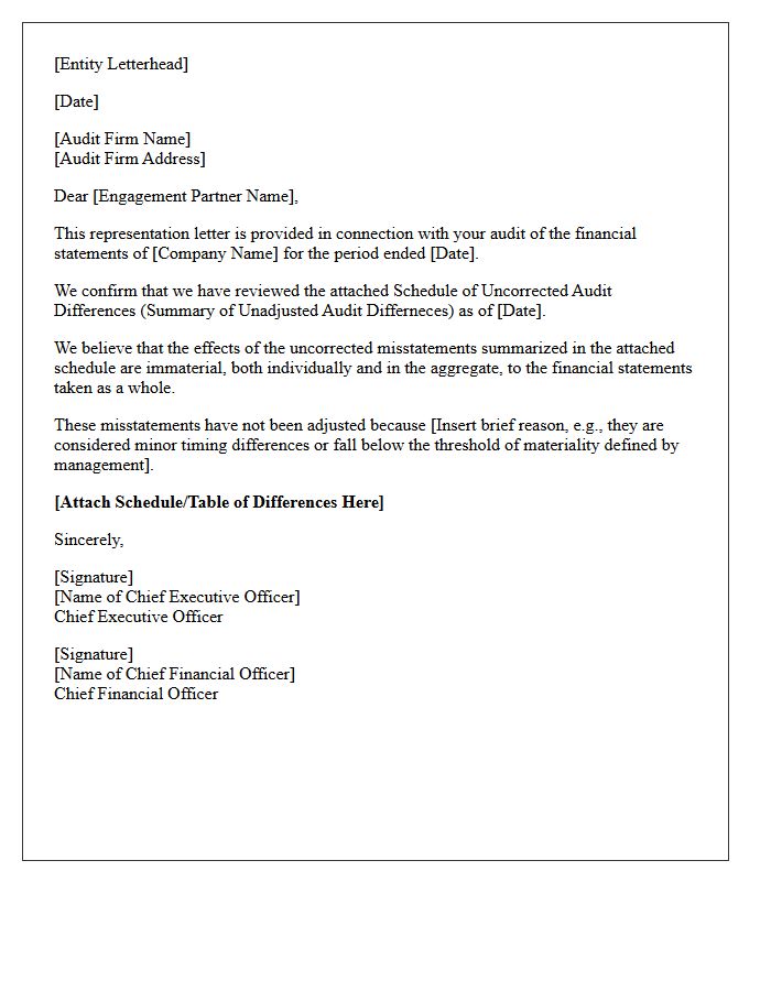 Schedule Of Uncorrected Audit Differences Representation Letter