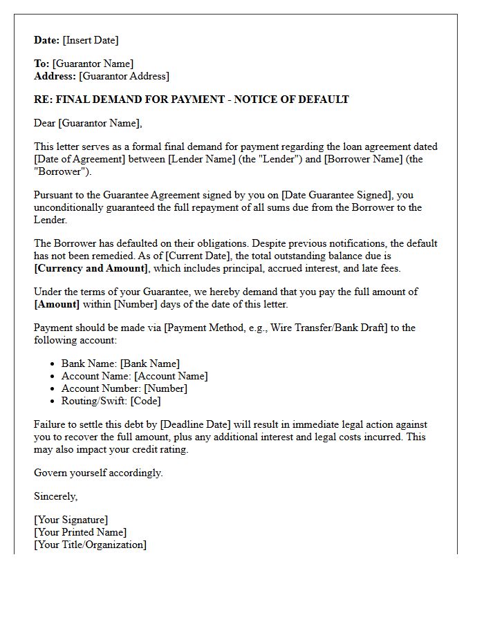 Final Demand Letter to Guarantor for Defaulted Loan