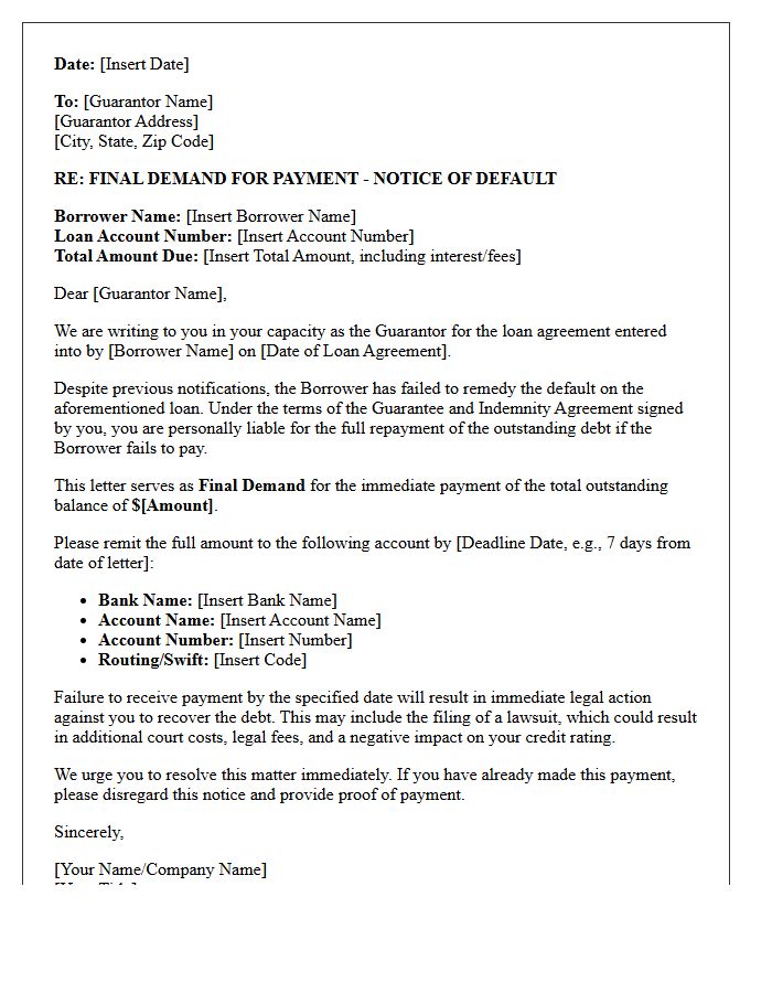 Final Demand Letter to Guarantor Regarding Loan Default
