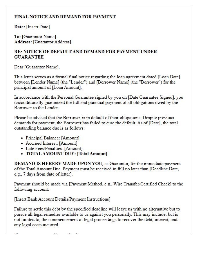 Final Notice and Demand Letter to Guarantor for Defaulted Loan